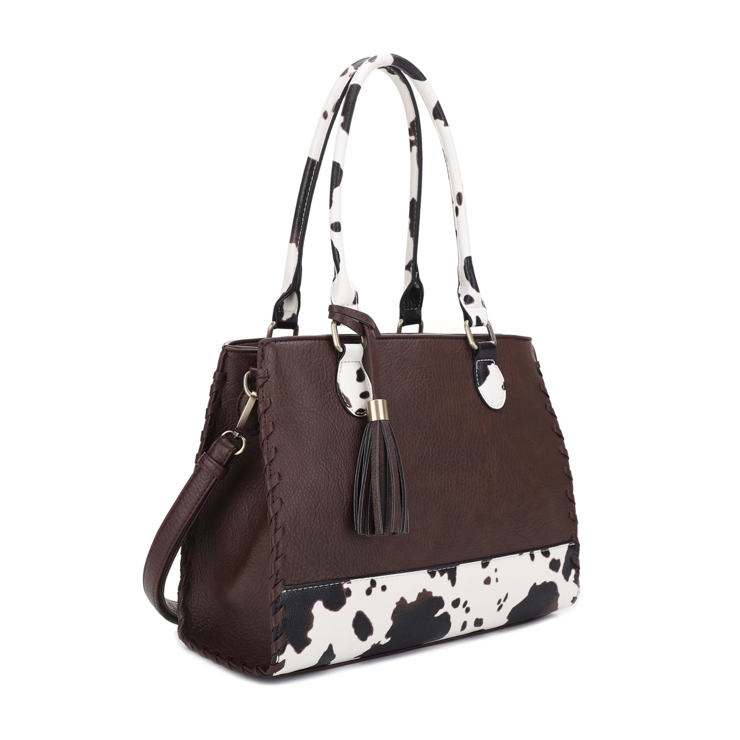 Montana Concealed Carry Lock and Key Whipstitch Cow Print Satchel Bag with Tassel