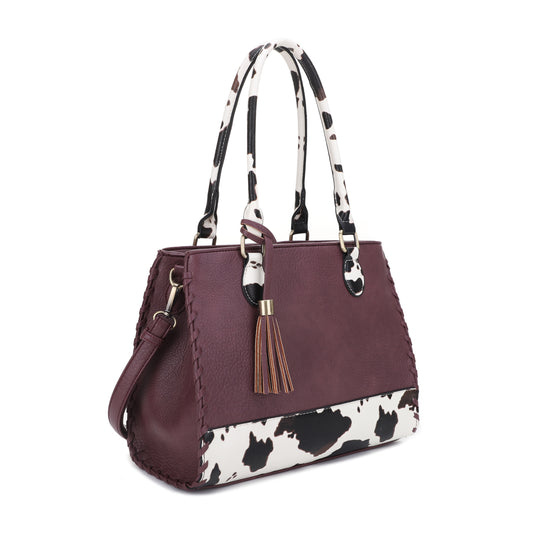 Montana Concealed Carry Lock and Key Whipstitch Cow Print Satchel Bag with Tassel